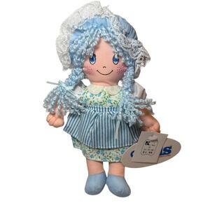 Vintage NEW wTag Kids of America Corp Blue Rag Doll Plush Yarn Hair Floral Dress